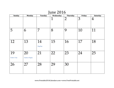 Printable June 16 Calendar